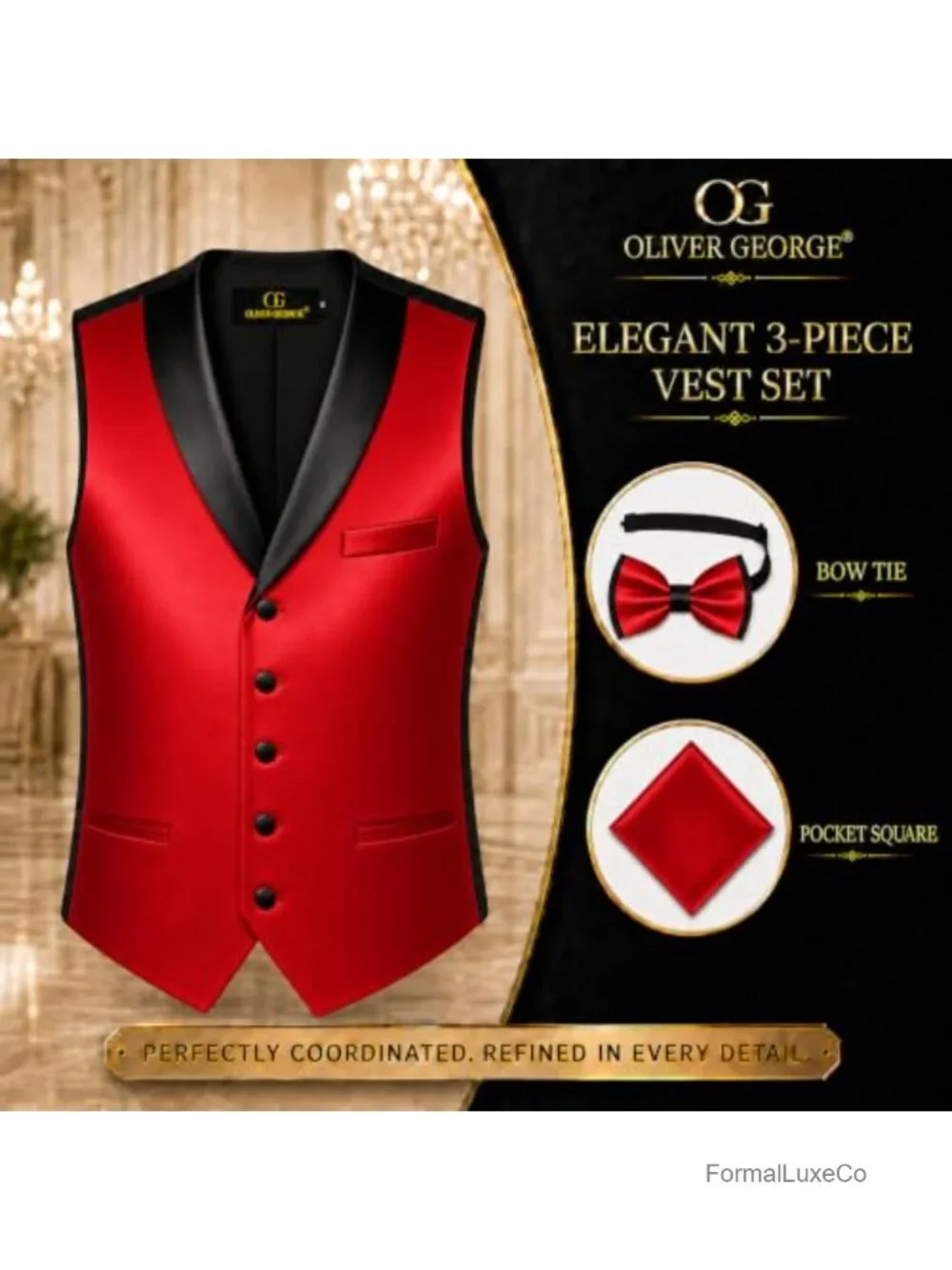 Men's 3-Piece Tuxedo Vest Set with Satin Shawl Lapel, Bow Tie & Handkerchief,